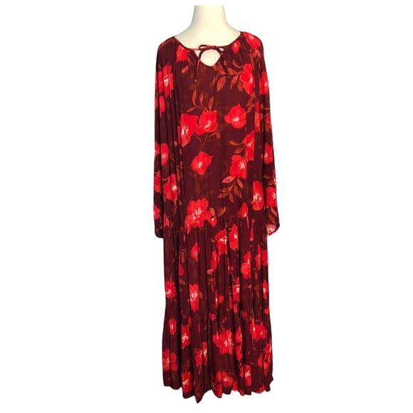 Sonoma Maxi Dress Plus Size 3XL Red Burgundy Floral Tiered Full Skirt - Picture 2 of 10